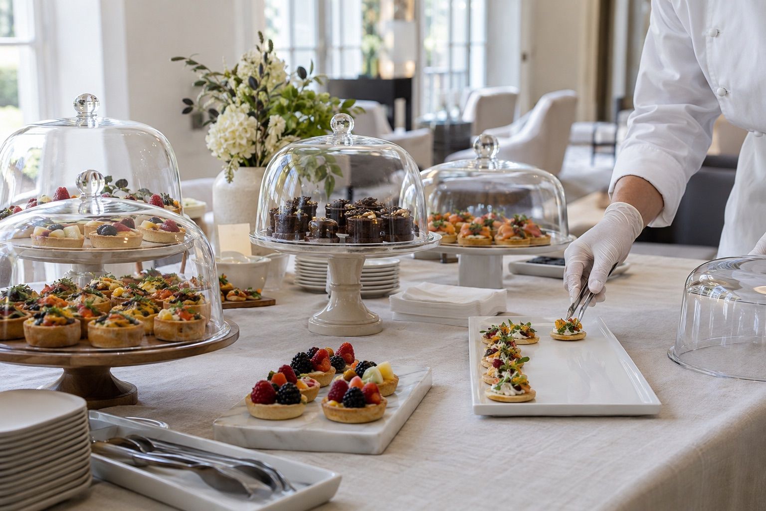 Buffet cocktail avec bouchées salées et sucrées sous des cloches en verre.