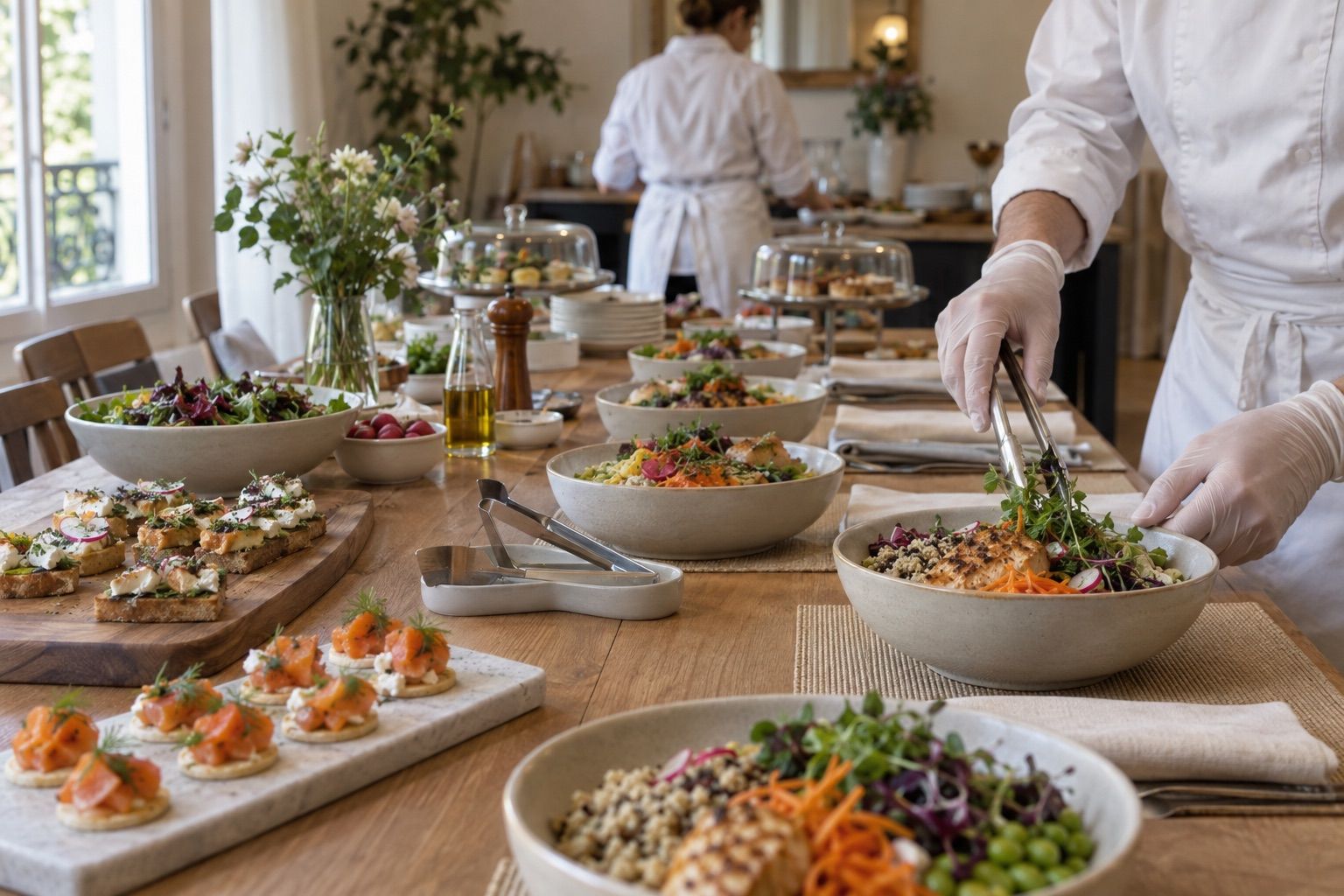 Déjeuner d’équipe : bols individuels sur une longue table, ustensiles de service, aucun visage visible.