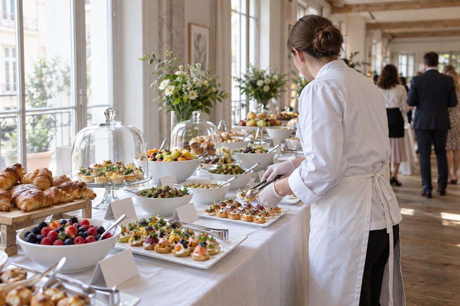 Long buffet brunch dans une pièce style loft, cartons vierges, cuillères de service dans chaque plat.