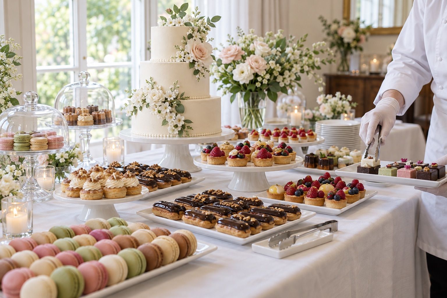 Table de desserts de mariage avec mignardises, gâteau à étages et pinces de service à côté.