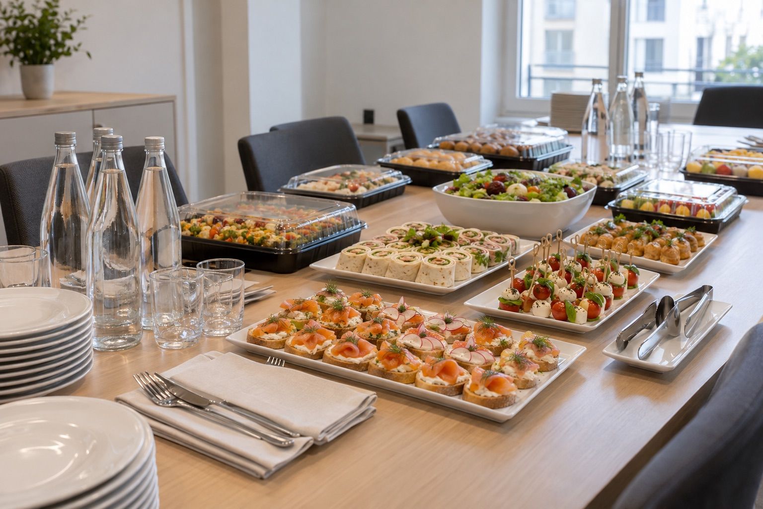 Plateaux-repas disposés sur une table de réunion, avec bouteilles d’eau, sans personne.