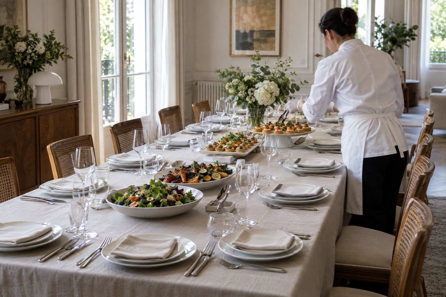 Table dressée pour douze personnes, avec plats à partager et ustensiles de service.