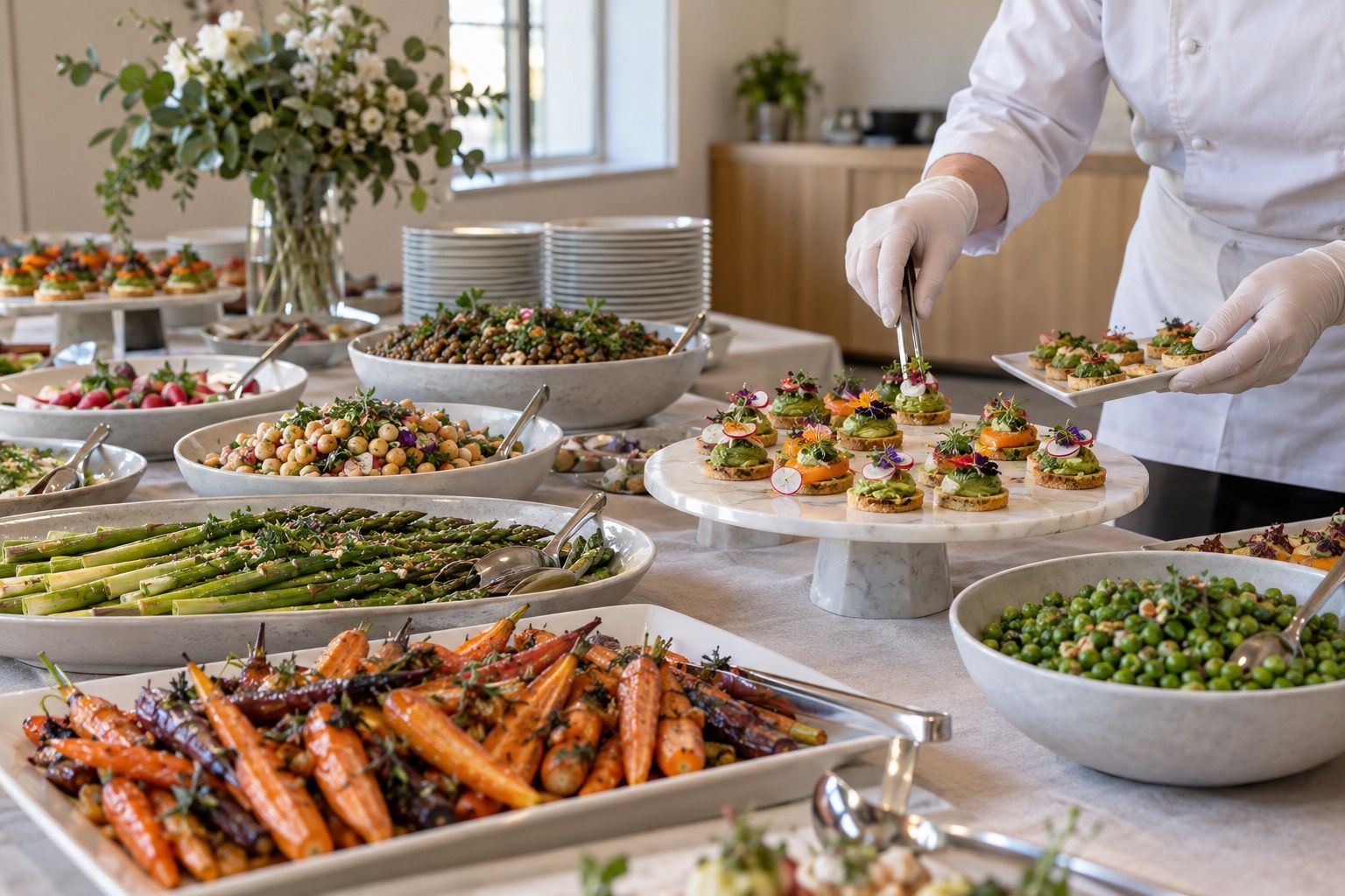 Buffet végétal avec légumes de saison, légumineuses, herbes et pinces de service.